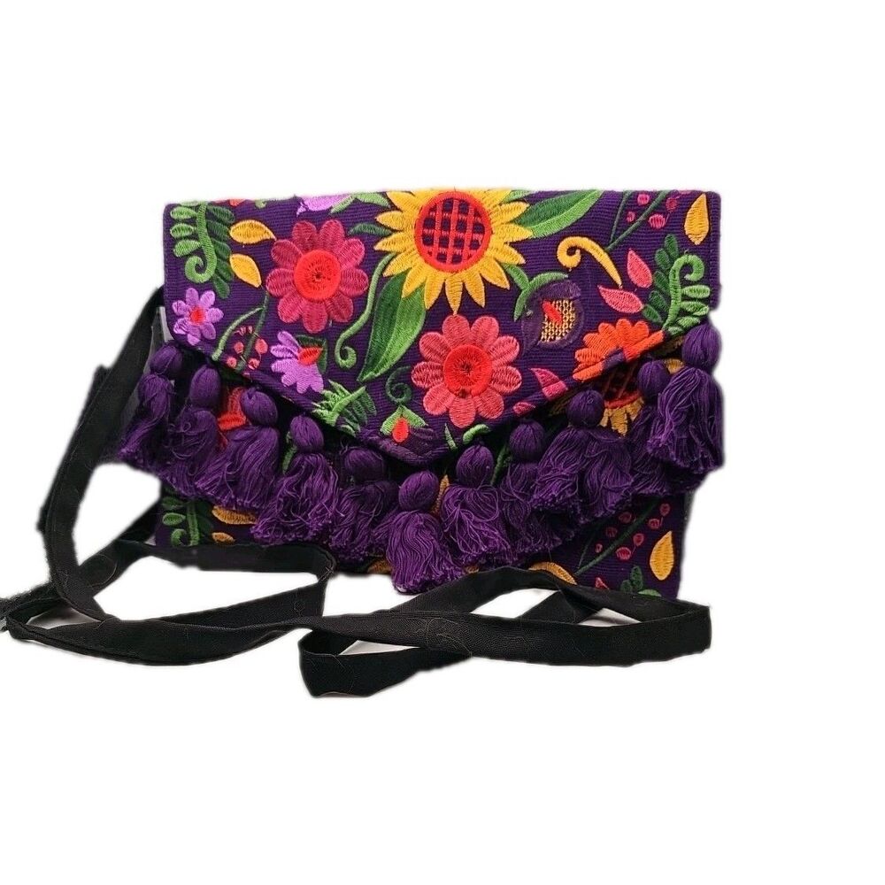 Mexican Embroidered Bright Flowers Crossbody/Clutch Bag with Tassles